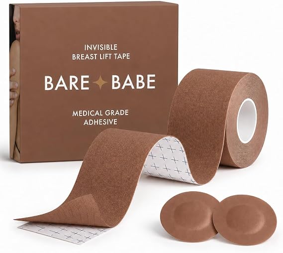 Bare Babe Boob Tape for Breast Lift - Breast Lift Tape - 10 Satin Nipple Pasties - Hypoallergenic Boobtape - Strapless Bra