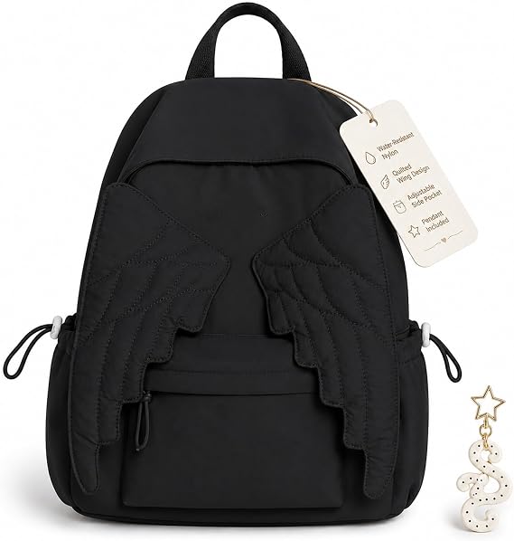 Angel Wing Backpack, Whimsy Novelty Cute Y2K Daypack (Black)