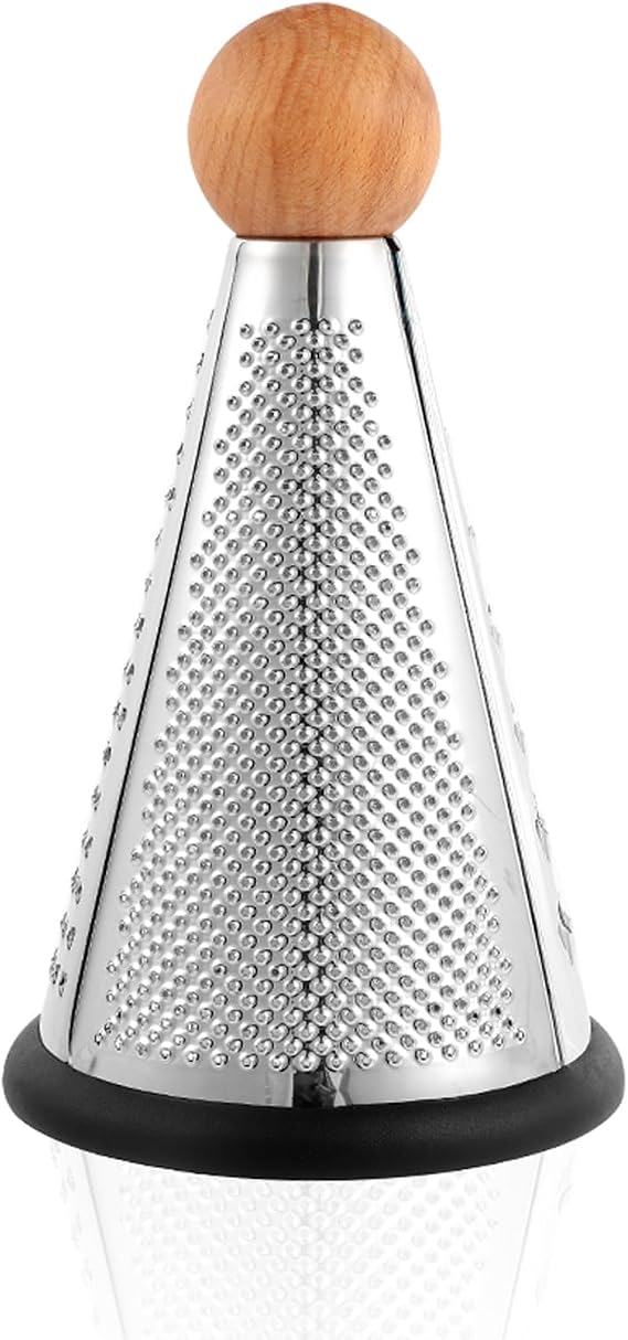 Cone Parmesan Cheese Grater - Stainless Steel Triple Function Wood Table Parmesan Shaver Non-Slip Rubber Bottom Hand Held Multifunction Vegetables Grater for Kitchen (M: 8" X 4.3")