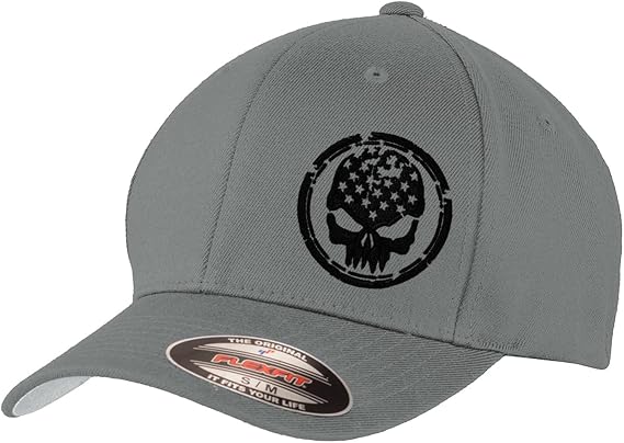 GNB CUSTOM EMBROIDERY LLC American Flag Distressed Skull Shield Logo Embroidered 6277 Flex Fitted Baseball Hat