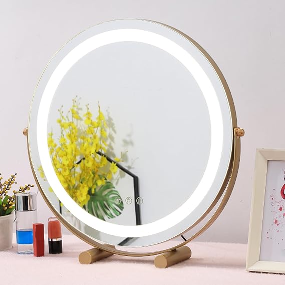 Round Dressing Table Mirror, Vanity Mirror With Lights, Shaving Mirrors Freestanding, Light Up Mirror Tabletop Makeup Mirror With Smart Touch, Gold Led Mirror Large
