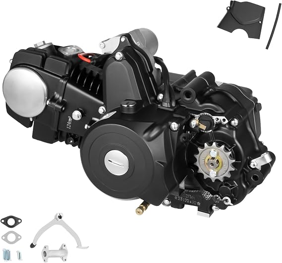 125CC 4-Stroke Semi Auto Engine Motor, ATV Quad Engine Motor Complete Kit, 4 Speed Electric Starter Motorcycle Engine, W/Reverse Electric Starter, Single Cylinder Air-Cooling(Black)