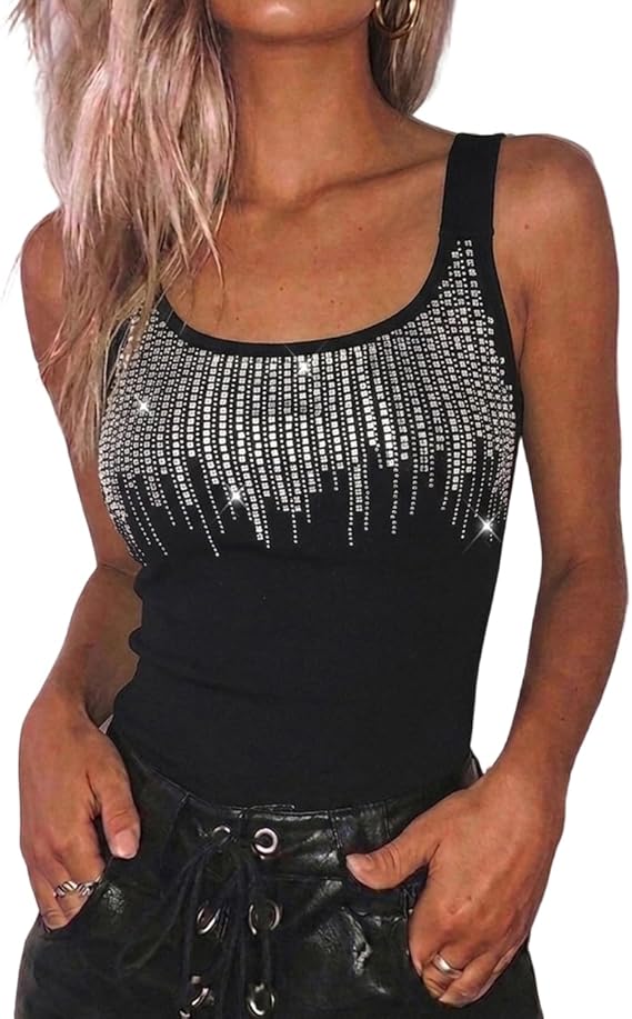 Women's Sparkly Tank Tops Fringe Rhinestone Sleeveless U Neck Fitted Tank Backless Summer Party Going Out Top
