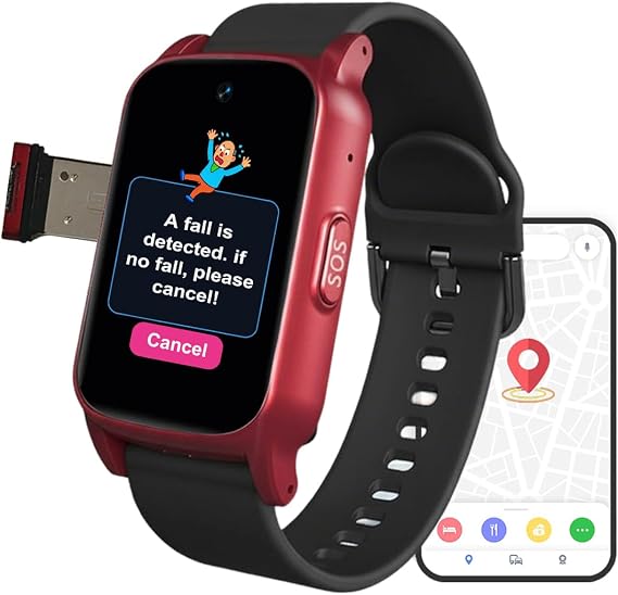 Elderly Smart Watch, Fall Detection Smart Watch for Elderly, Time GPS SOS Alarm, GPS Anti-Lost Tracker, for Seniors/Dementia/Alzheimer'sRed,1.25 * 0.57 * 2.22inch