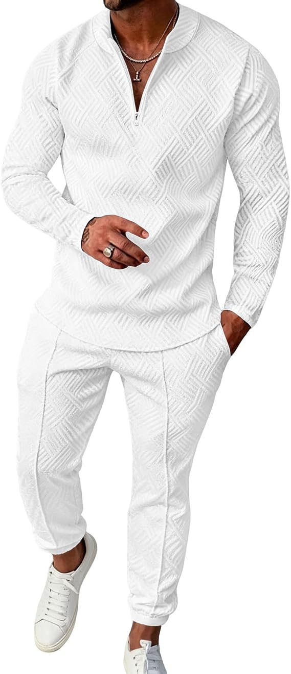 Mens Track Suits 2 Piece Textured Sweatsuit Joggers Sets
