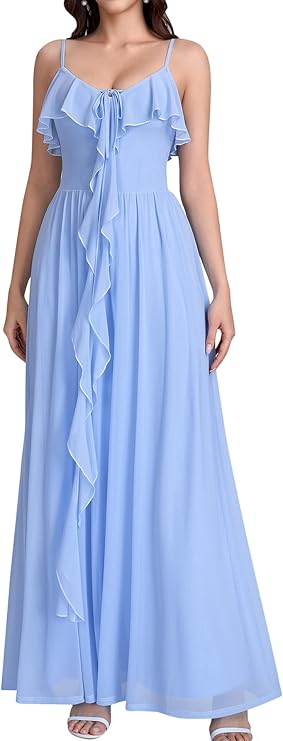 HTZMO Floral Wedding Guest Long Dress Summer V Neck Tie Ruffle Flowy Party Maxi Dresses for Women