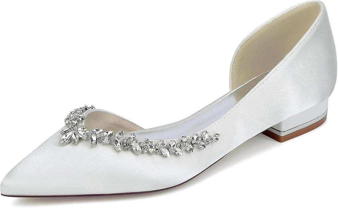 Pointed Toe Prom Pumps for Women Rhinestone Satin Wedding Shoes D'Orsay Style Low Heel Bridal Flats
