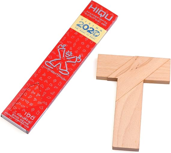 KINGOU Wood T Shape Puzzle, 4 Pieces Brain Teaser Toy for Kids & Adults, Advanced Level, Great Gift & Party Favor, Includes Paper Instructions