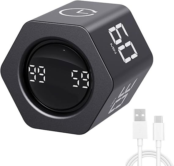 Productivity Timer Flip Gravity Sensor Pomodoro Cube Timer Countdown & Countup,1/5/10/30/60min Preset & Custom Timing, Mute/Vibrate/Sound for ADHD,Work,Study,Kitchen(1, Black Hexagon)
