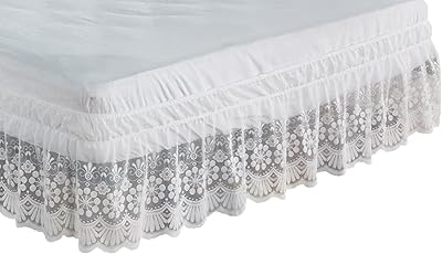 Vintage Solid Lace Elastic Dust Bed Skirt,Wrap Around Bed Skirt,Easy OnOff Dust Ruffle,15 Drop