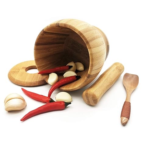 Wooden Mortar and Pestle Set with a Lid and Spoon