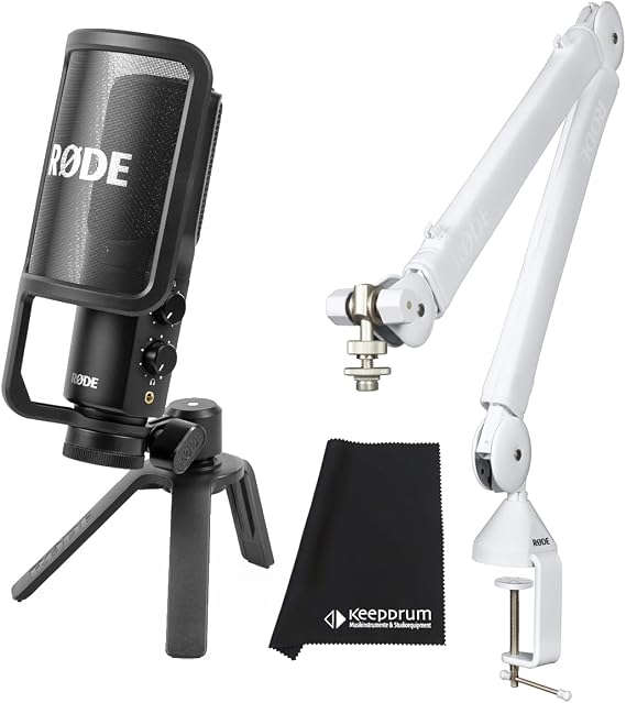 Rode NT-USB+ Plus USB Condenser Microphone + PSA1+ Plus Articulated Arm White + Keepdrum Microfibre Cloth