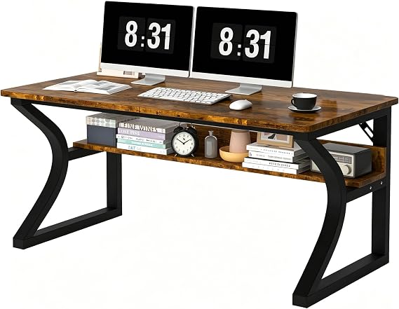 47'' Computer Desk Home Office Desk, Modern Computer Desk w/U Shaped Metal Frame, Storage Shelves, PC Table Study Writing Desk Workstation for Home Office (47inch/Brown)