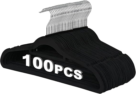 JupiterForce Velvet Hangers, 100 Pack Non-Slip Slim Clothes Hangers with 360 Degree Swivel Hook, Space Saving Velvet Coat Hangers for Closet Organization, Black