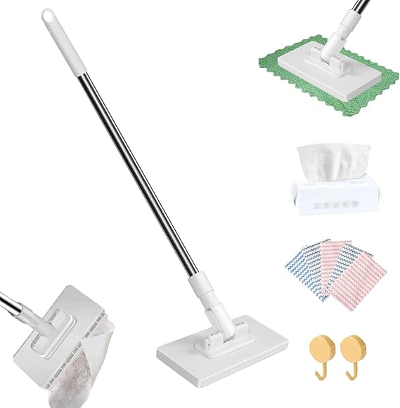 Snap Grip Mini Mop, Cloth Changing Mini Mops, Zero Touch MiniMop, Retractable Gap Dust Cleaner Flat Mops with Locking Head & Sweeping Cloths, 100cm Long Handle Mopping Sweeper Stick (1*mop+5*Cloth)