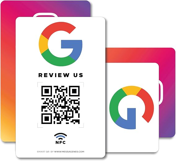 Reusable Review Tap Card for Google Reviews and Followers - 2-Cards Pack - QR & Tap NFC Review + QR Followers Card - Review Us on Google Tap Card - iPhone & Android - Set Up at Home | by MESSAGENES