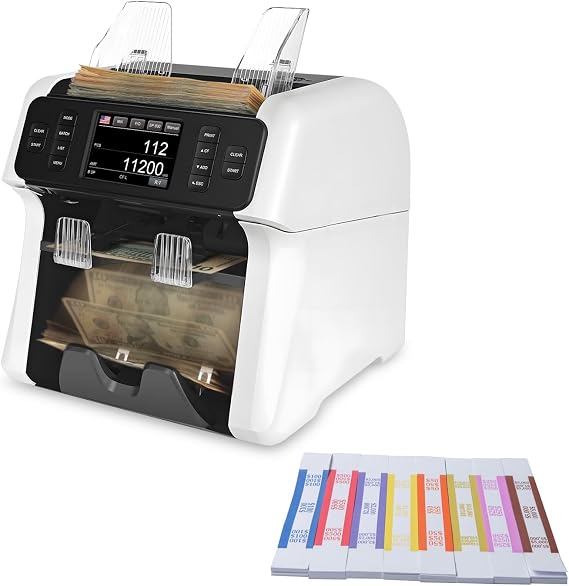 NUCOUN VS-75 Mixed Denomination Money Counter Machine and Pack of 400 Money Bands for Cash