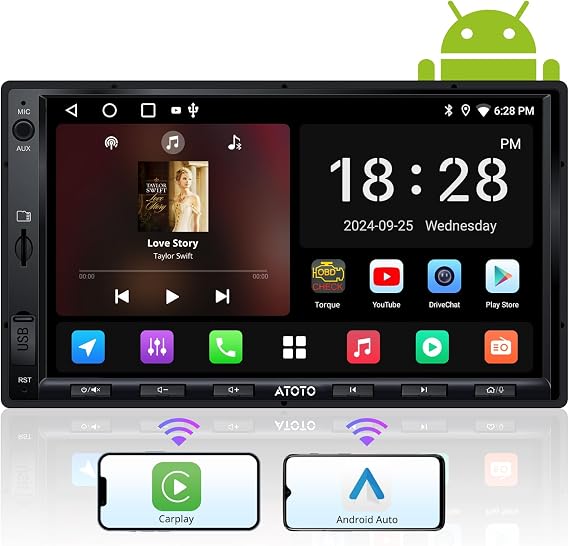 ATOTO A5L 7inch Android Double DIN Car Stereo, Wireless CarPlay&Android Auto, Wi-Fi/USB/BT Tethering, QLED Touch Screen Car CarPlay, DSP, MirrorLink, FM&SS Radio, HD LRV, HDMI Out, AI&GPS Tracking
