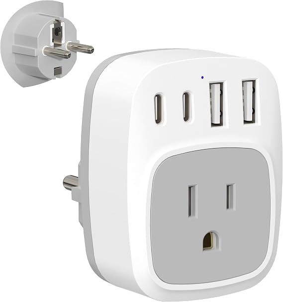 European Travel Plug Adapter, Schuko Type E F Germany France Power Adapter with 1 AC Outlet 4 USB Ports(2 USB C), International Power Adaptor for US to EU Spain French German Iceland Korea