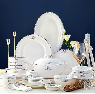 60-Pieces Luxury Dinnerware Sets - Phnom Penh Dinner Plates and Bowls Sets, Ceramic Dishes Set Service for 12, Swan Queen Pattern Porcelain, Configuration Gift Box