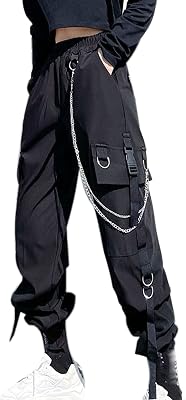 MEINVQIAOTI Black Cargo Pants for Women Hip-hop Street Loose High Waist Punk Chained Pants