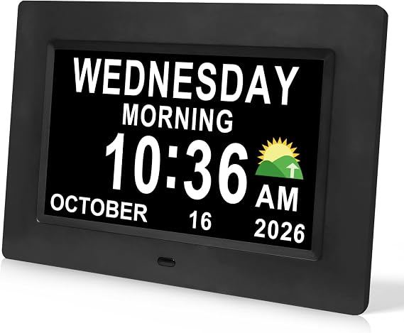 SSINI Digital Calendar Dementia Alarm Clock with Day and Date for Elderly - 15 Alarms 5 Colors Display Large Display Alzheimers Clock Large Digital Clock for Seniors (7in Black)