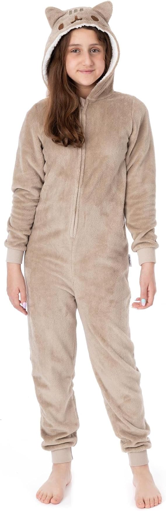 Pusheen The Cat Onesie For Girls | Kids Teens Pink Multi Brown OR Character Options Cat Pajamas | Sherpa Fleece Hood with Zip