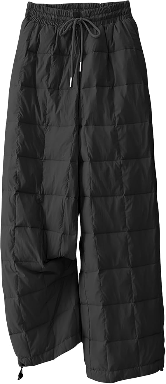 PEHMEA Womens Winter Snow Pants, Windproof Padded Drawstring Warm Loose Wide-Leg Outdoor Ski Casual Trousers(Black-XL)
