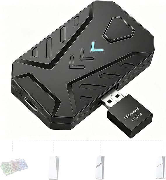 PS5 Keyboard and Mouse Adapter with P5General USB Converter, 1000Hz Ultra-Low Lag Adapter for PS5/PS5 Slim/PS5 Pro, Support Key Mapping, Adjust Mouse/Curve Sensitivity, Perfect for FPS, TPS, RPG Games