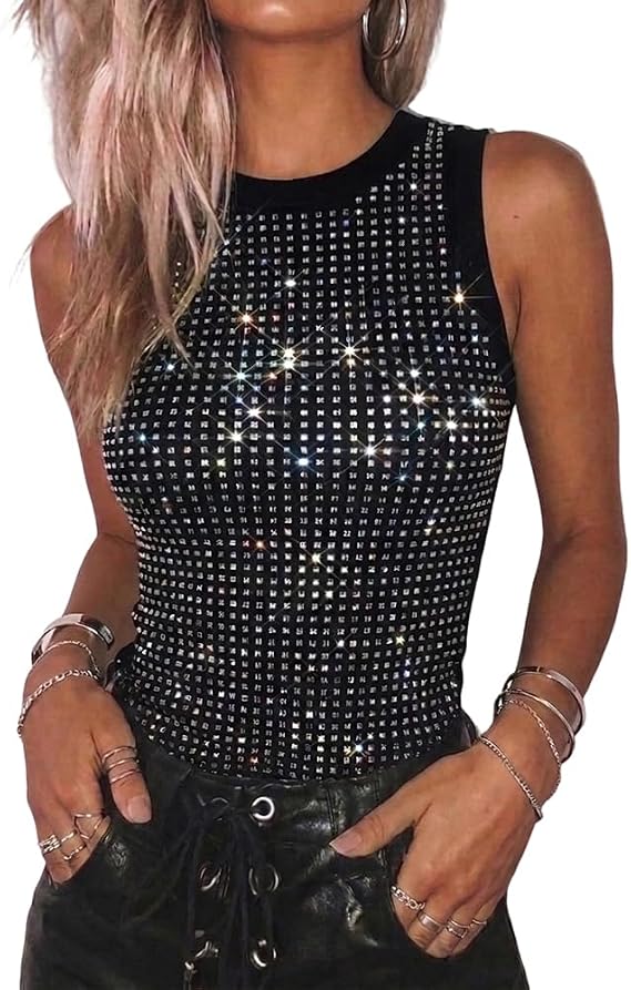 CHICME Women's Sleeveless Rhinestone Tank Tops Summer Sparkly Ribbed Tops | Basic Tank Tops for Women, Sleeveless Sparkly Tops, Ribbed Knit Fabric, Slim Fit Party Concert Y2K Outfit