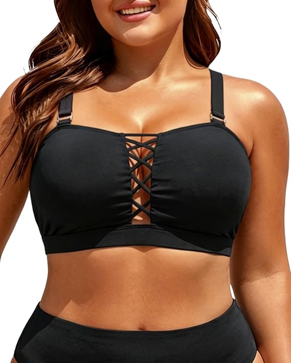 Plus Size Bikini Swimsuit Top - Women Bandeau Swim Top Lace Up Bathing Suit Bra for Large Bust Swimwear