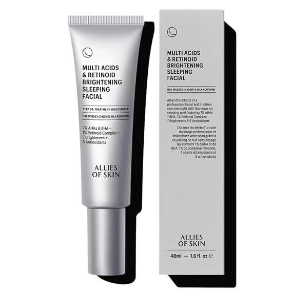 Allies of Skin Multi Acids & Retinoid Sleeping Facial | Exfoliating Overnight Glycolic Acid & AHA Peel | Hydration For Tired Looking Skin | Targets Dullness & Uneven Skin Tone 1.6 fl oz