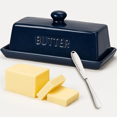 Butter Dish With Lid, WERTIOO Porcelain Butter Keeper With Handle Cover French Butter Dish with Stainless Steel 3 in 1 Butter Spreader Container for Countertop, Dark Blue