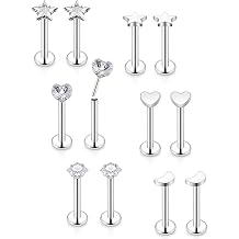 Vsnnsns 16G 18G 20G Threadless Push in Lip Rings Stainless Steel Flat Back Nose Rings Studs Earrings Tragus Helix Conch Cartilage Lobe Earrings Stud Piercing Jewelry for Women Men 6 Pairs