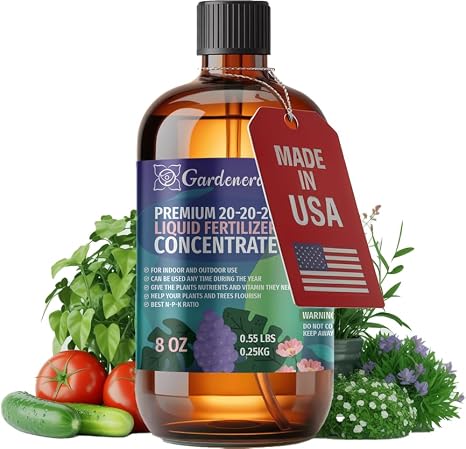Gardenera Premium All-Purpose 20-20-20 Liquid Fertlizer - CONCENTRATE - Increases Flowering and Yield on All Varieties of Fruits, Vegetables and Flowers| Liquid Plant Superfood (8 OZ)