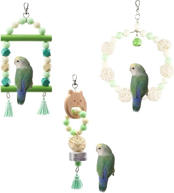 3PCS Bird Toys Bird Foraging Toys Parakeet Toy Chewing Hanging Toy Bird Cage Swing Toys Bird Cage Accessories Bird Natural Wood Perch for Conure Cockatiel Budgies Lovebird Parrotlet (Green)