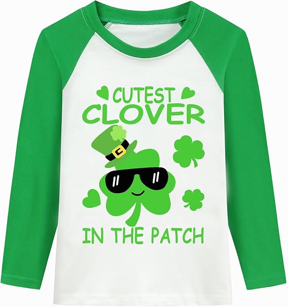 DDSOL St Patrick's Day T-Shirt Toddler Boy Lucky Clover Shamrock Shirt Cotton Long Sleeve Raglan Kid Irish Saint Tee Top