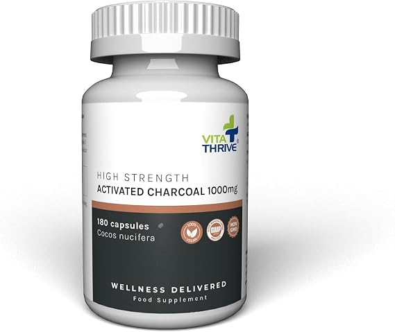 VitaThrive® Activated Charcoal 1000mg Capsules – High Strength Coconut Shell Activated Charcoal Supplement for Digestive Suppor - Gut Wellness – Vegan Charcoal Capsules – 180 Capsules