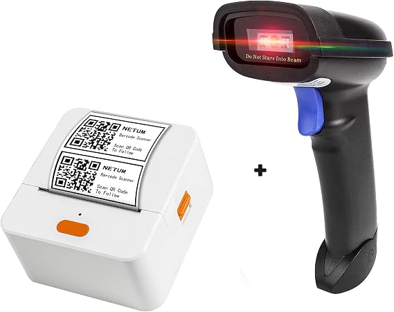 NETUM NT-1228BC Bluetooth Barcode Scanner and NETUM P58C Mini Label Printer- Portable Barcode Label Maker Printer