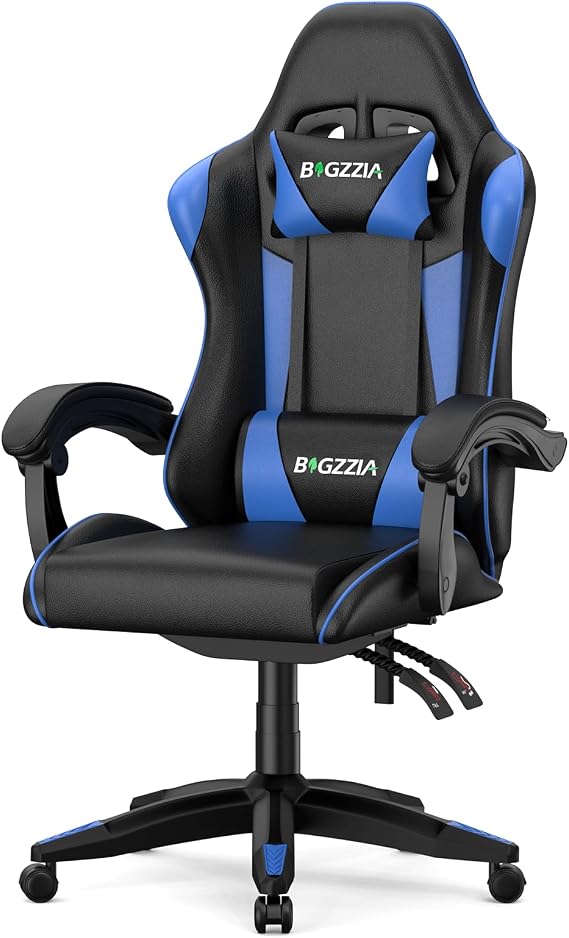 Bigzzia Gaming Chair, Ergonomic Video Game Chairs with Pillow and Lumbar Support, Racing Style Height Adjustable Computer Chair with 360-Swivel Seat for Adults, Blue