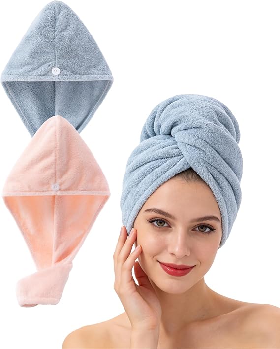 Lumimi Bath Pre Dry Hair Towel 2 Pack - Quick Dry Super Absorbent Lightweight Turban With Button - Drying Wrap for Shower Wellness, Pink Blue