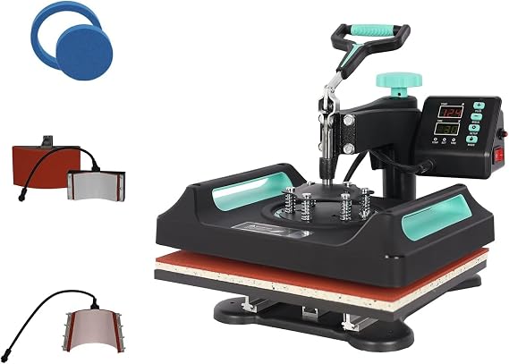 Digital Heat Press Machine Sublimation Printing Swing Away 360 Degree for T Shirts Mug Hat Plate Cap Mouse Pads 5 in 1 38x38cm Multifunctional (Green)