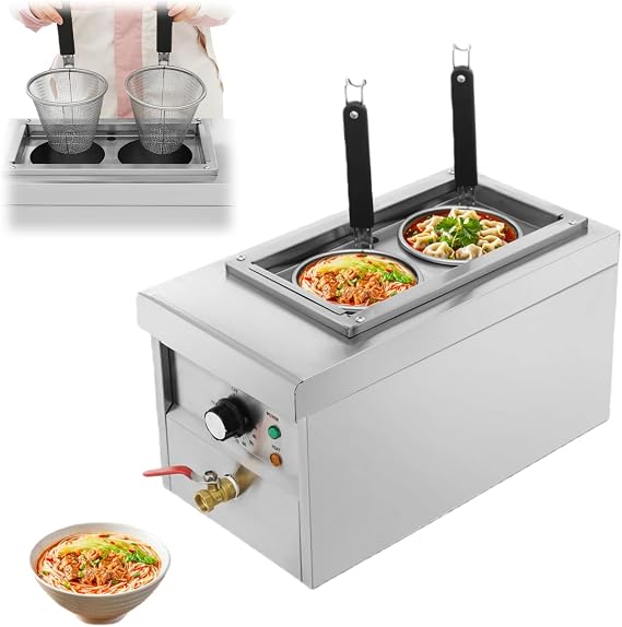 2 Holes Pasta Maker, Commercial Electric Noodle Maker Pasta Cooking Machine with 2 Noodle Pots 30-110C Temperature Control,Table Top Pasta Warmer for Spaghetti Ramen Noodles