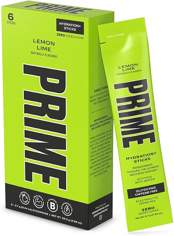 PRIME HYDRATION+ Sticks Lemon Lime | Hydration Powder Single Serve Sticks | Electrolyte Powder On The Go | Low Sugar | Caffeine-Free | Vegan | 6 Sticks