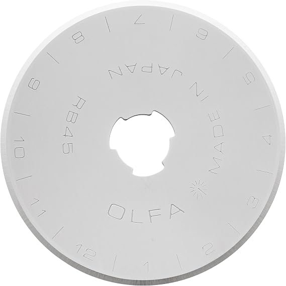 OLFA 45mm Rotary Blade (RB45-1) - Tungsten Steel, 1 Blade | Tungsten steel, cuts 8 fabric layers per pass, 1-blade pack - For 45mm rotary cutters - Quilters and Crafters