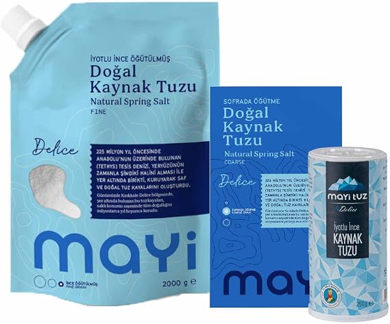 Mayi Tuz Büyük Boy Doğal Delice Sofra Paketi 2 kg İnce Öğütülmüş İyotlu Sofra Tuzu 500 gr Sofrada Öğütme Tuzu 250 gr Tuzluklu