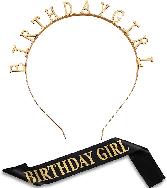 Zonon Birthday Headbands, Satin Sash and Tiara Happy Birthday Crown Party Favor Decorations for Girls Women(Gold)