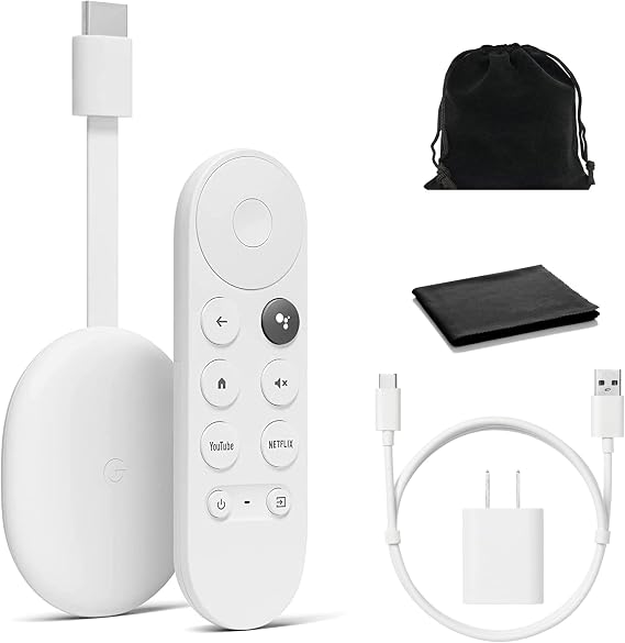 Google Chromecast with Google TV - Streaming Entertainment with Voice Search - Watch Movies, Shows, and Live TV in 4K HDR Streaming Media Player - Includes Pouch and Cleaning Cloth - Snow