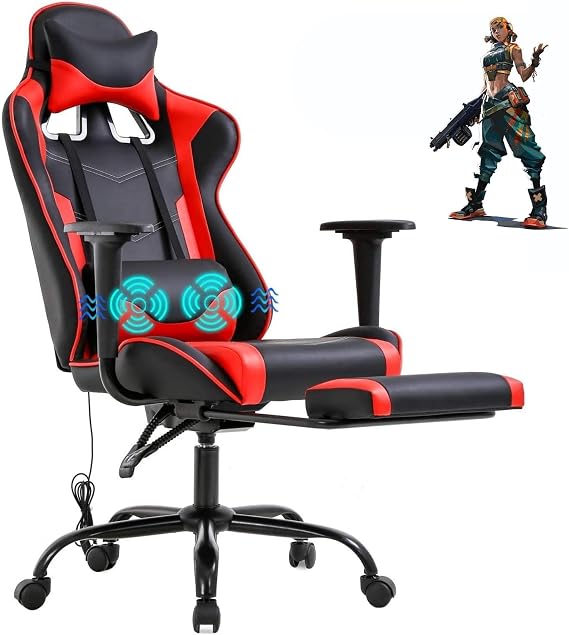 Red PC Gaming Chair Ergonomic Racing Office Chair Video Game Chair, Massage Lumbar Support with Arms Footrest & Headrest Nice Chic Desk Chair, Adjustable Best Home Office Chair