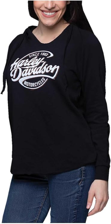 Harley-Davidson Women's Oil Surge Raw-Edge V-Neck Pullover Hoodie, Black